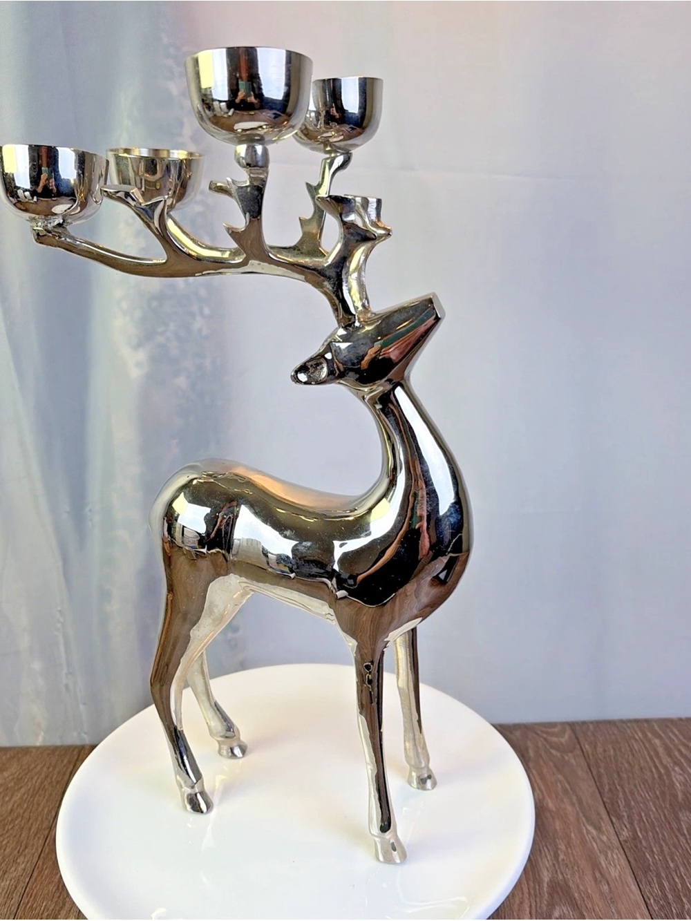 Vintage Silver Metal Figural Christmas Reindeer 4 Arm Tealight Candelabra 13"